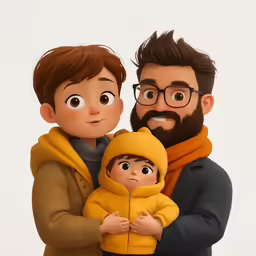 a man and woman holding a baby wearing mustard