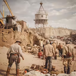 men are in a desert town with construction in the background