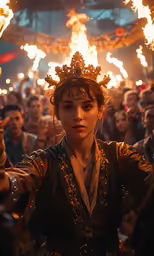 a woman dressed in an elaborate outfit holds torches as flames come out behind her