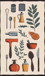a poster with various objects in orange and gray colors