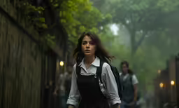 a woman with a back pack and a back pack walking on a wet street