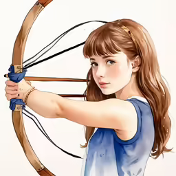 girl in blue shirt aiming a bow at an arrow