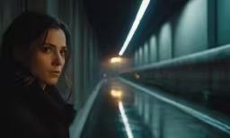a woman in an empty tunnel is staring at the camera