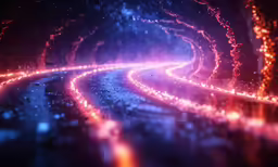 a blurred road with neon lights coming down the middle of it