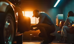 a man is inspecting the wheel of a car