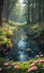 the photo is of a stream in the middle of a lush green landscape