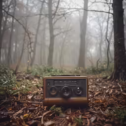 old, vintage radio with the woods in the background