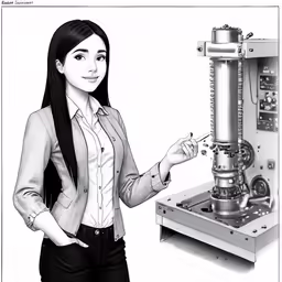 a woman in a suit with long hair next to a machine