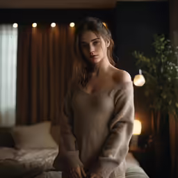 the woman is posing in the room wearing a sweater