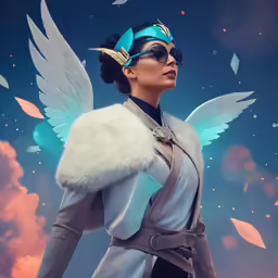 a woman with wings is wearing a white coat
