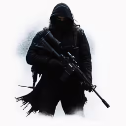 a man in a snow covered coat and hat holding a rifle