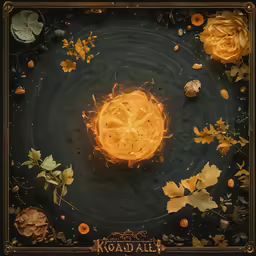 a painting shows two orange fire balls in the center of a leafy, swirling design