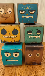 five wooden toy blocks with a face drawn on them