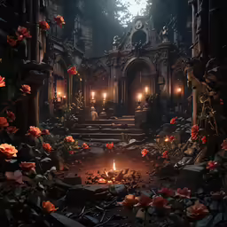 a picture of a creepy looking building lit up with candles and flowers