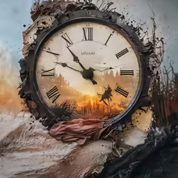 a reflection of a landscape in a clock