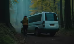 a woman is walking through the woods next to a van