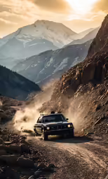 an off - road vehicle driving up a dirt road in the mountains