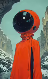a person is wearing an orange jacket with an orange helmet and some rocks