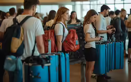 a group of people standing next to luggage
