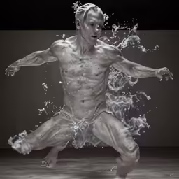 the man is running through the water with his hands out