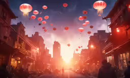 a night scene with lots of balloons flying over the street