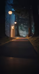 a small building and several lights in a forest
