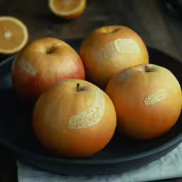 some apples with cream peeling on them are on a plate