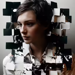 a woman is photographed with her head on top of different square pieces of paper