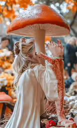 a girl in white holding a mushroom on top of her head