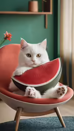 a white cat sitting in a small chair next to a watermelon