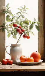 an apple tree sits in front of a vase filled with apples