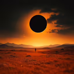 a person standing in a field beneath a giant sun