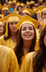 a group of people in yellow hats and gowns
