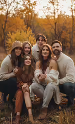 a family sitting in a field at dusk