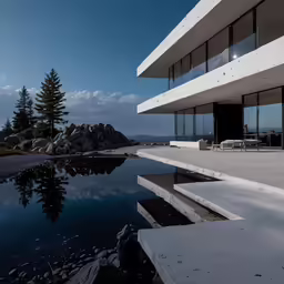 a very pretty modern style house with a nice view