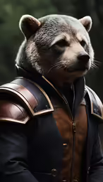 a brown bear wearing leather armor standing next to a forest