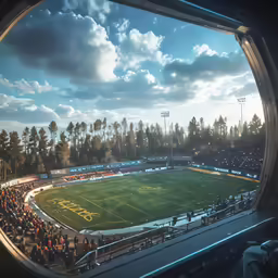 people watch the sun set over a soccer field