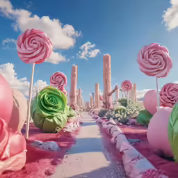 surreal image of pink and green flowers and a line of trees