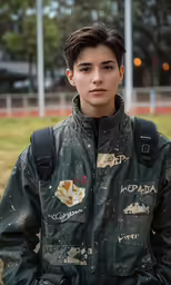 a boy is standing in the park wearing a jacket with multiple patches
