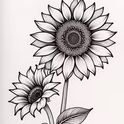 the drawing shows two sunflowers with one in a vase