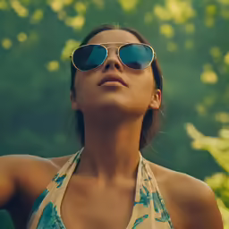 a woman wearing sun glasses in a tree - lined field
