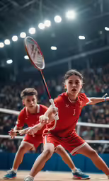 two boys and a girl playing tennis in front of the crowd