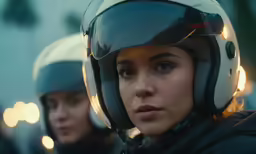 two female motorcyclists are dressed in helmets