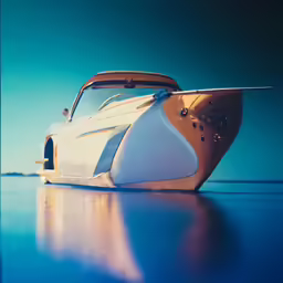 the white and tan boat is on top of water
