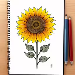 pencil drawing of a sunflower with two green leaves,a spiral notebook with a drawing of a sunflower and two pencils