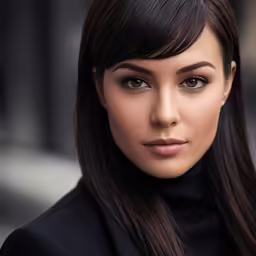 a woman with brown hair and black suit is looking at the camera