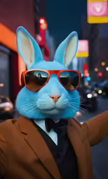a rabbit wearing sunglasses standing on the side of a street
