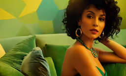 a woman with large gold hoop earrings sitting on a green couch