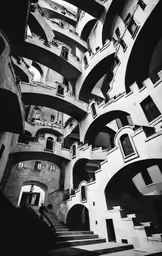 a black and white photo of staircases and windows