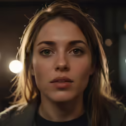 a woman looking down at the camera while in the dark